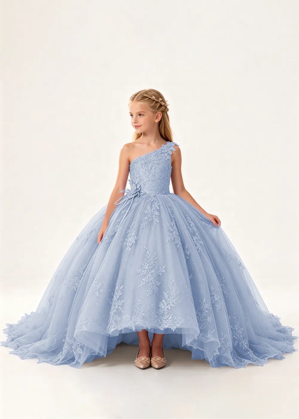 One-Shoulder High-Low Lace Princess Dress for Girls