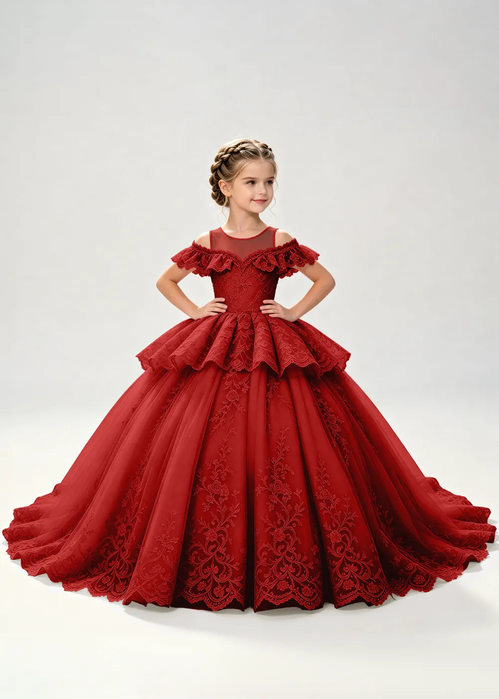 Illusion Neck Tiered Lace Princess Dress for Girls