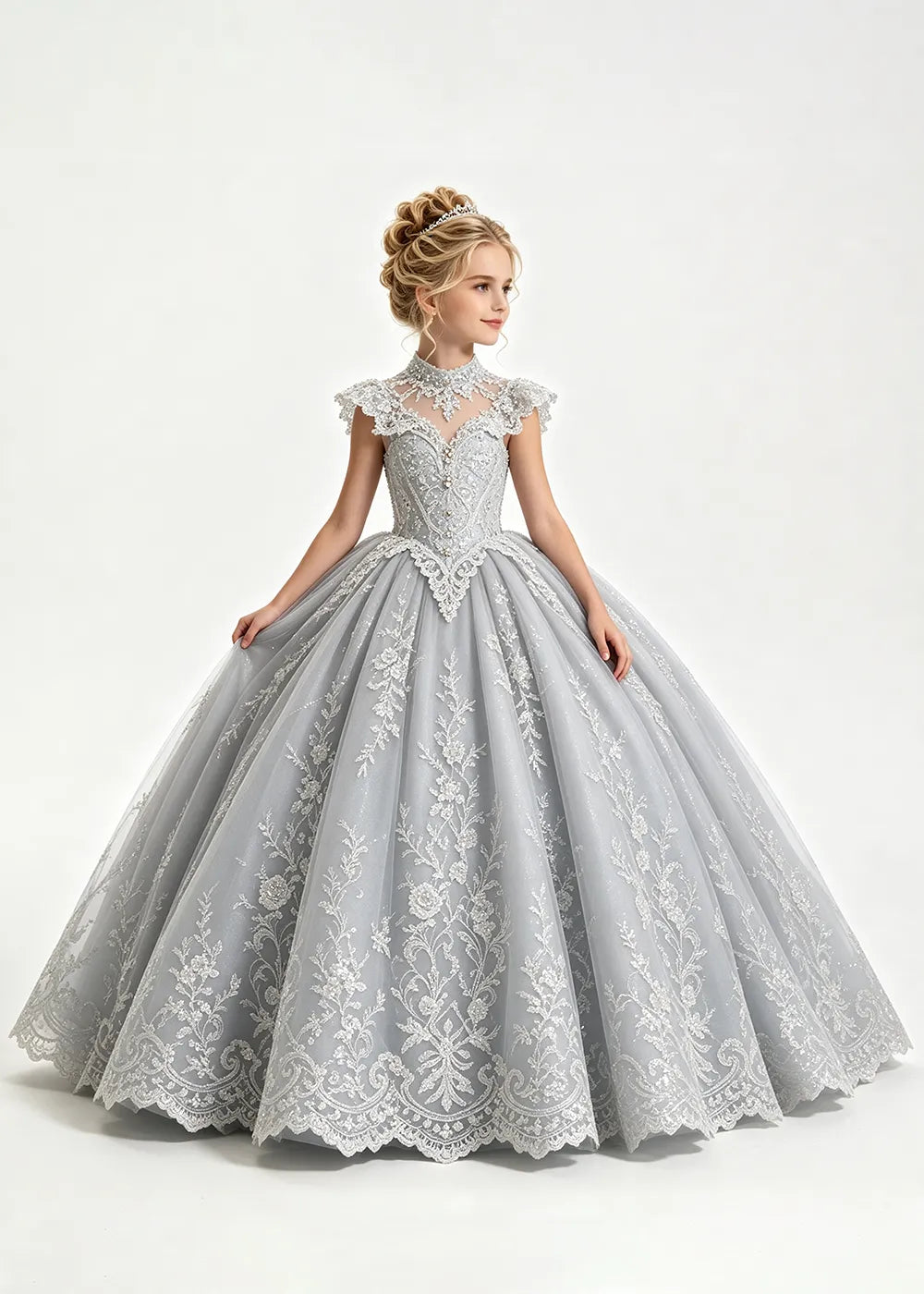 Pale Silver-Gray Blue Flower Girl Ball Gown with High Floral Collar