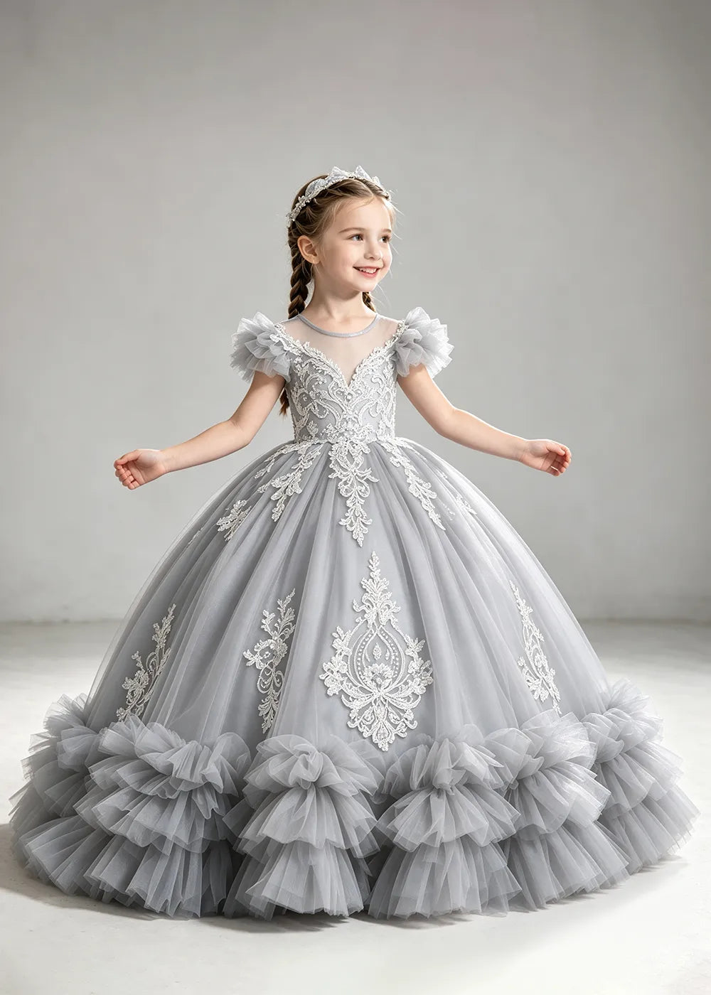 Muted Dusty Blue Flower Girl Ball Gown with White Floral Detail