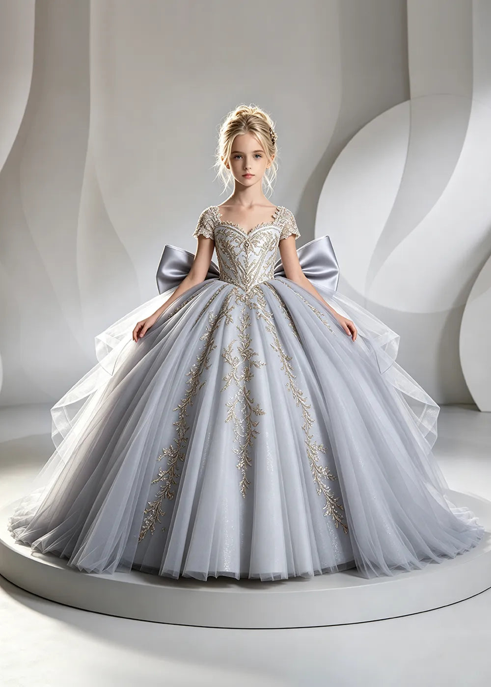 Cap Sleeve Sequin Bodice Flower Girl Dress with Bow and Gold Embroidery