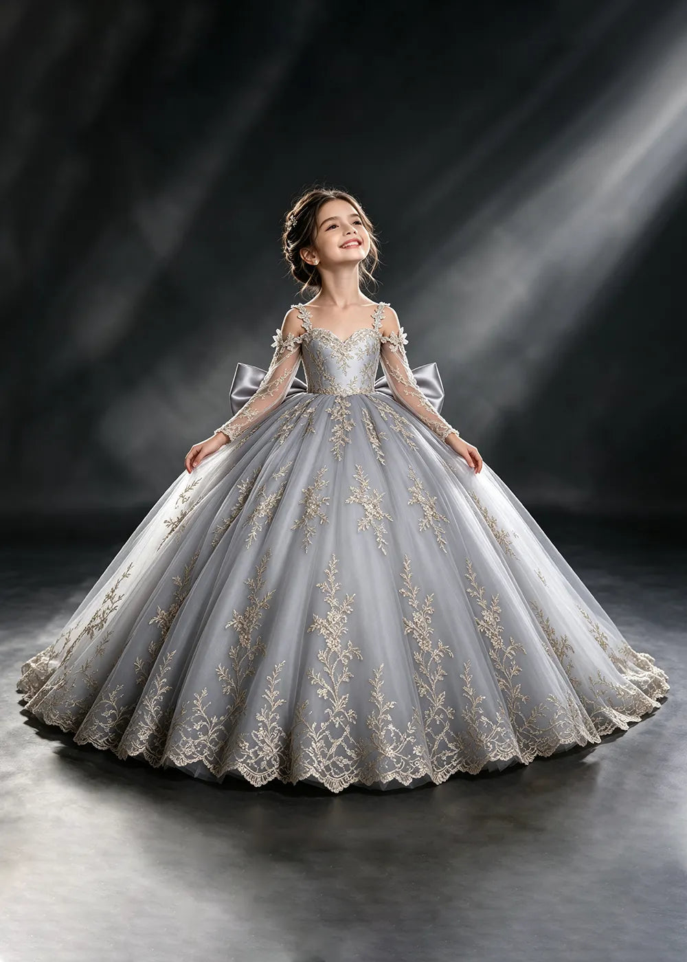 Ivory Gold Lace Flower Girl Dress with Floral Straps and Satin Bow