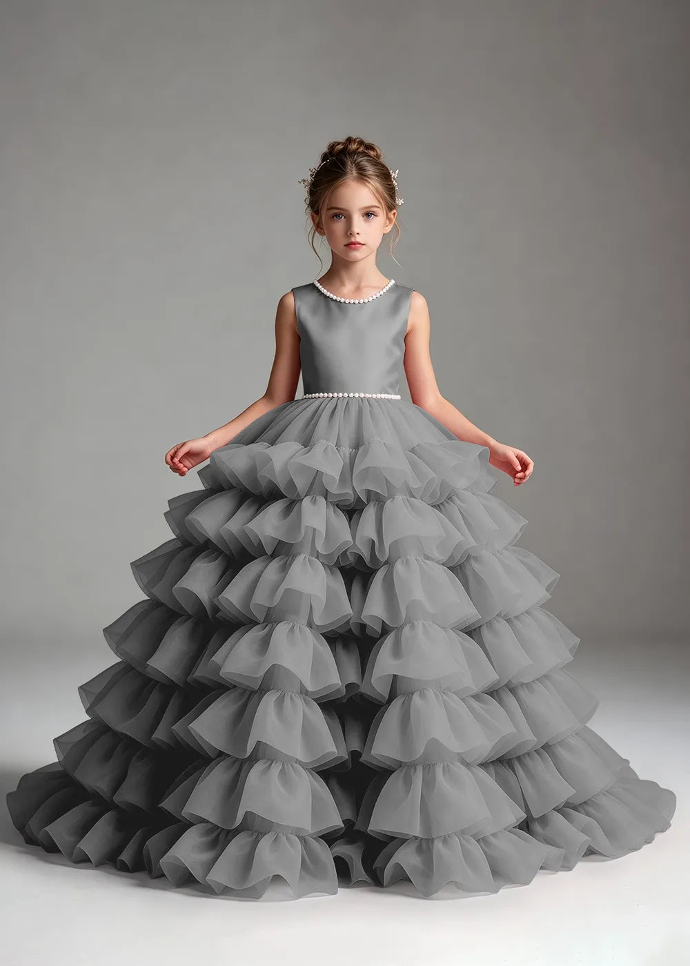 Pink Pearl-Trimmed Tiered Ruffle Flower Girl Dress