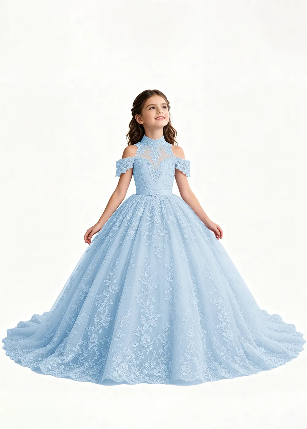 Lavender Flower Girl Gown with Floral Neckline and Train