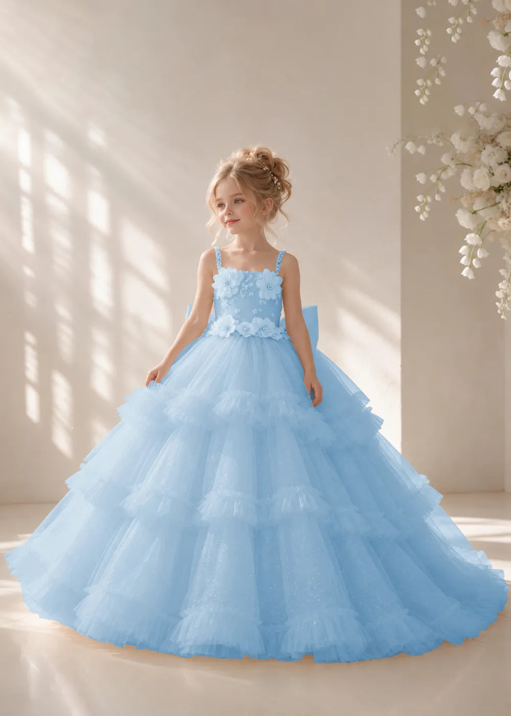 Front view of a child wearing a sky blue flower girl dress with beaded spaghetti straps, a bodice covered in three-dimensional fabric flowers and a multi-tiered tulle skirt.