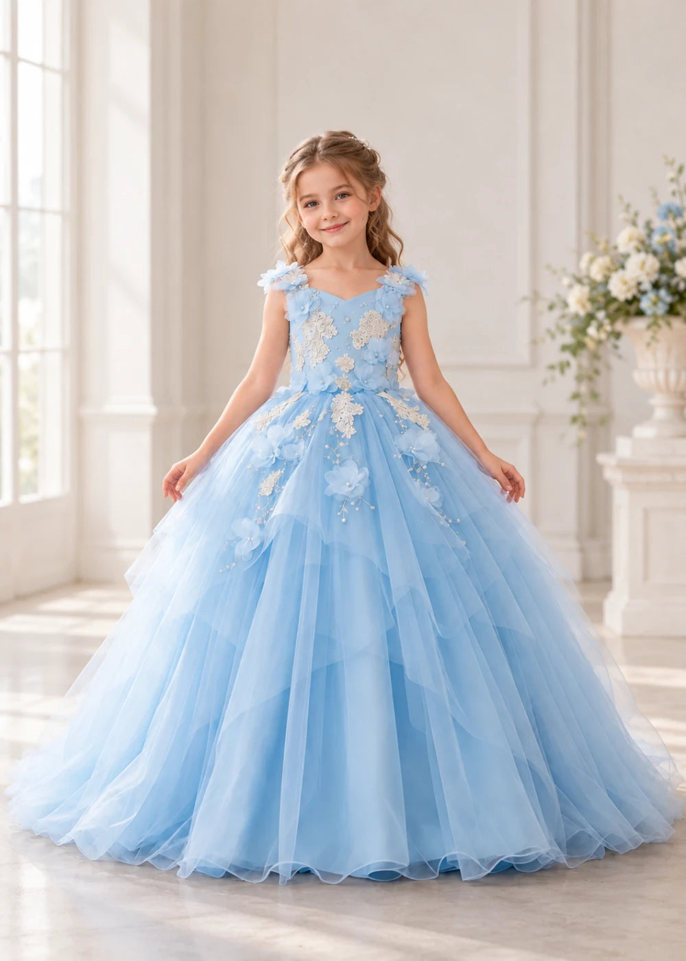 Front view of a child wearing a sky blue flower girl dress with a V-neckline, floral shoulder appliques and lace and flower decoration across the bodice and hips.