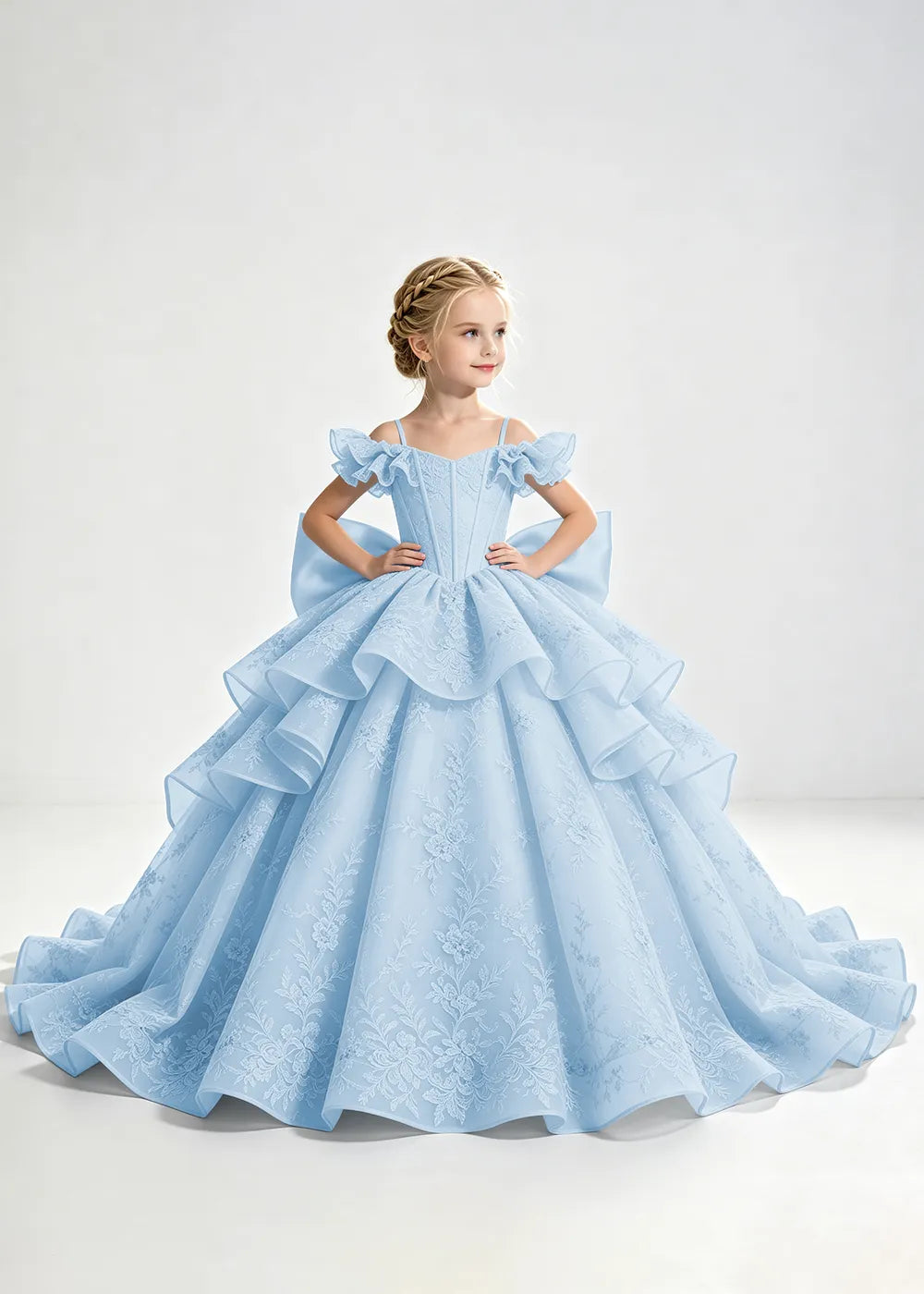 Light Blue Lace-Up Rear-Bow Flower Girl Dress