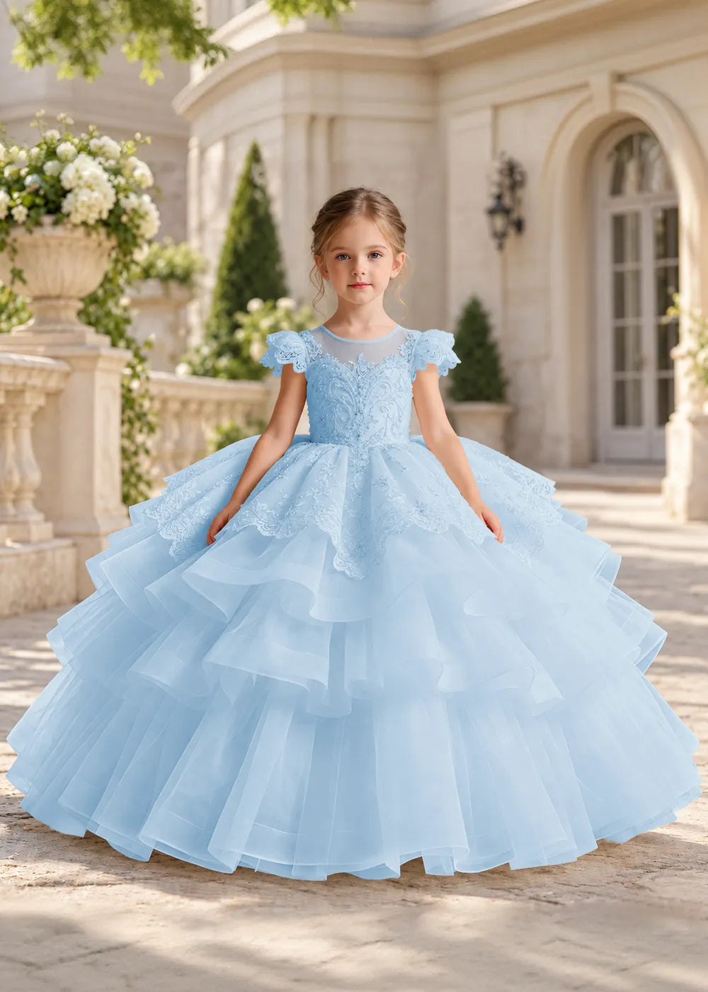 White Flower Girl Ball Gown with Scalloped Lace and Tiered Ruffles