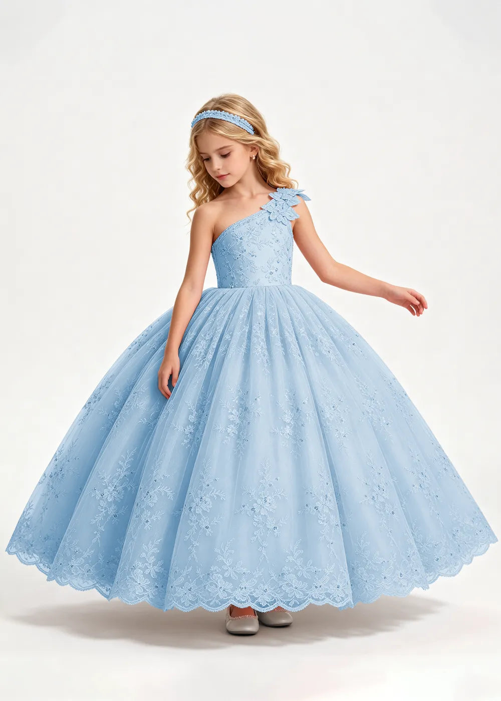 Warm Pale Blush One-Shoulder Flower Girl Gown with Scalloped Lace