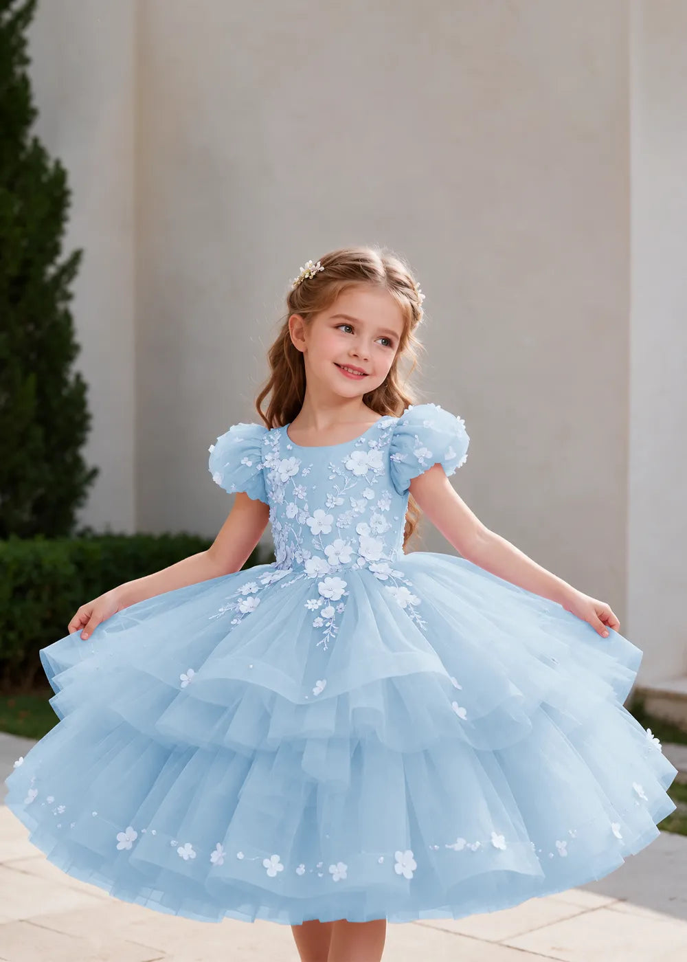 Lilac Puff-Sleeve Flower Girl Dress with Three-Tier Skirt