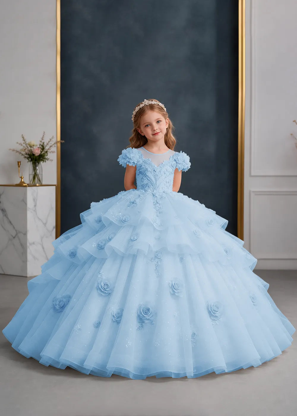 Pink Rose-Applique Flower Girl Ball Gown with Cascading Ruffles