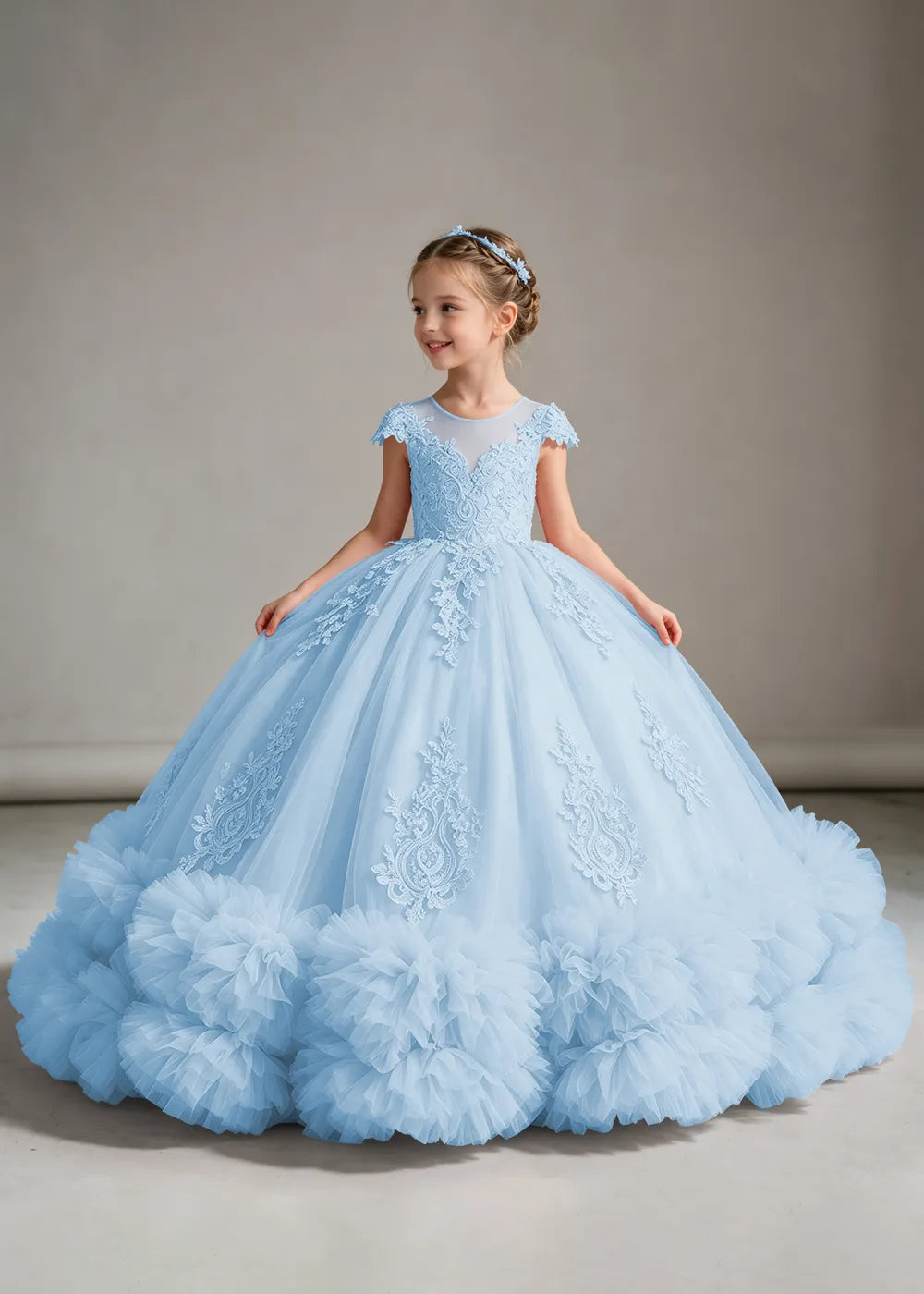 Pink Flower Girl Ball Gown with Floral Bodice and Ruffle Hem