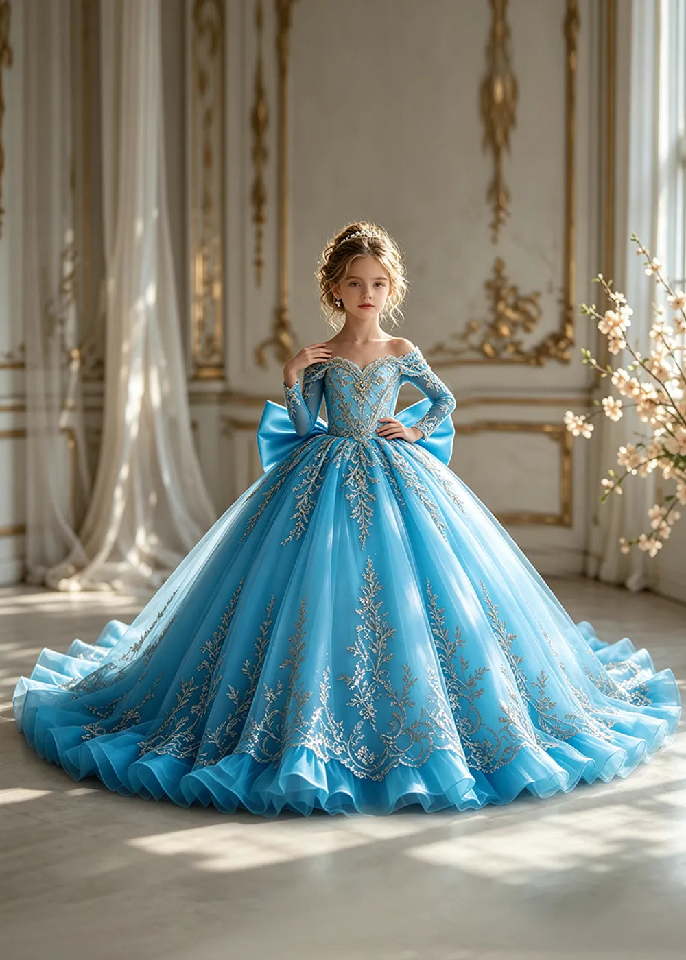 Off-Shoulder Sequin Lace Flower Girl Dress with Bow and Flounced Hem