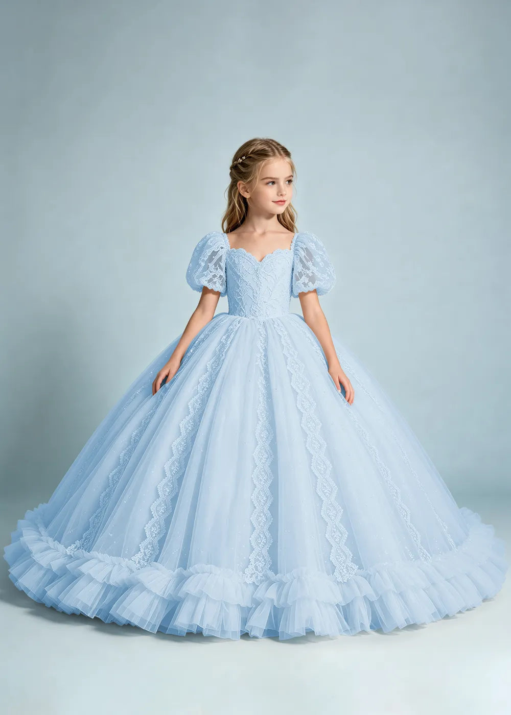Warm Ivory Flower Girl Gown with Puff Sleeves and Ruffled Hem