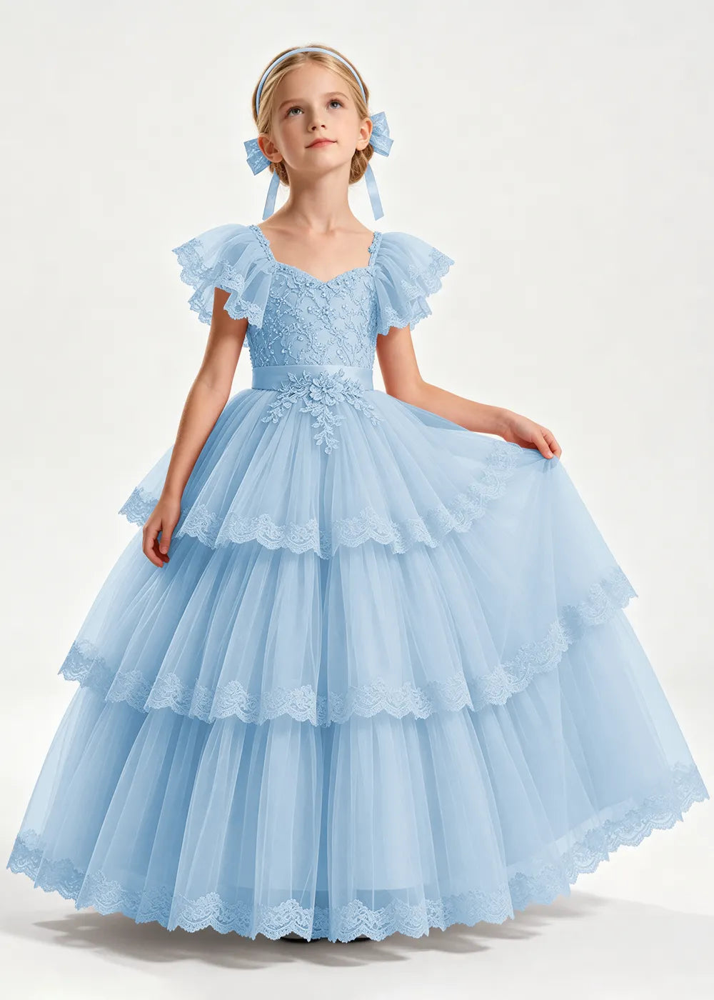Warm Blush Pink Flower Girl Ball Gown with Three Lace-Edged Tiers