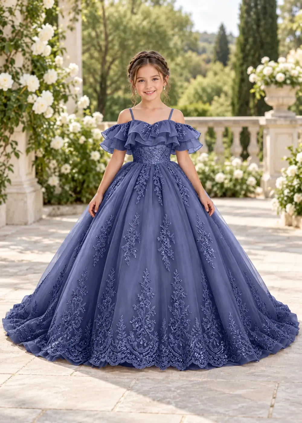 Slate Blue Off-Shoulder Lace-Hem Flower Girl Dress