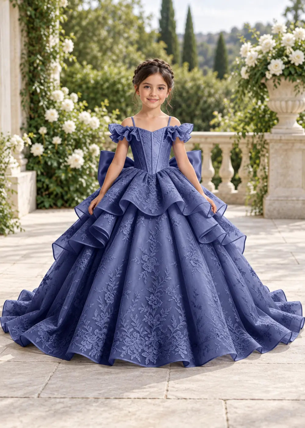 Slate Blue Lace-Up Rear-Bow Flower Girl Dress