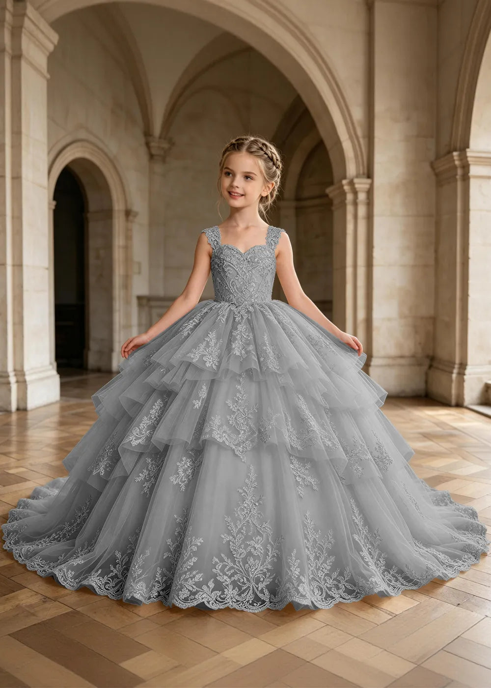 Tiered Lace Sleeveless Princess Dress for Girls