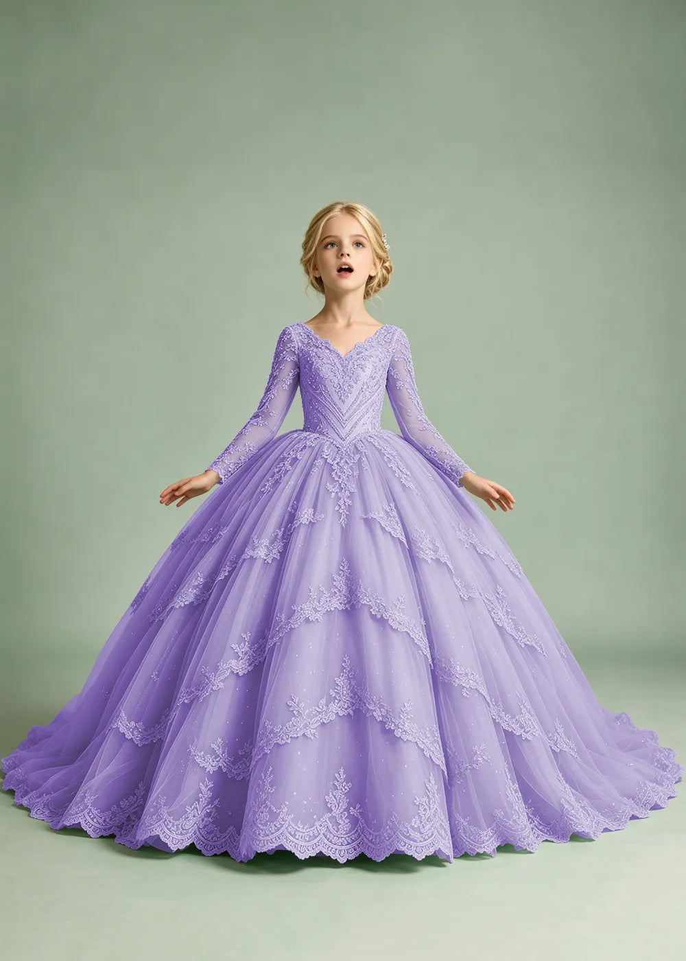 Long Sleeve Floral Lace Flower Girl Ball Gown Dress