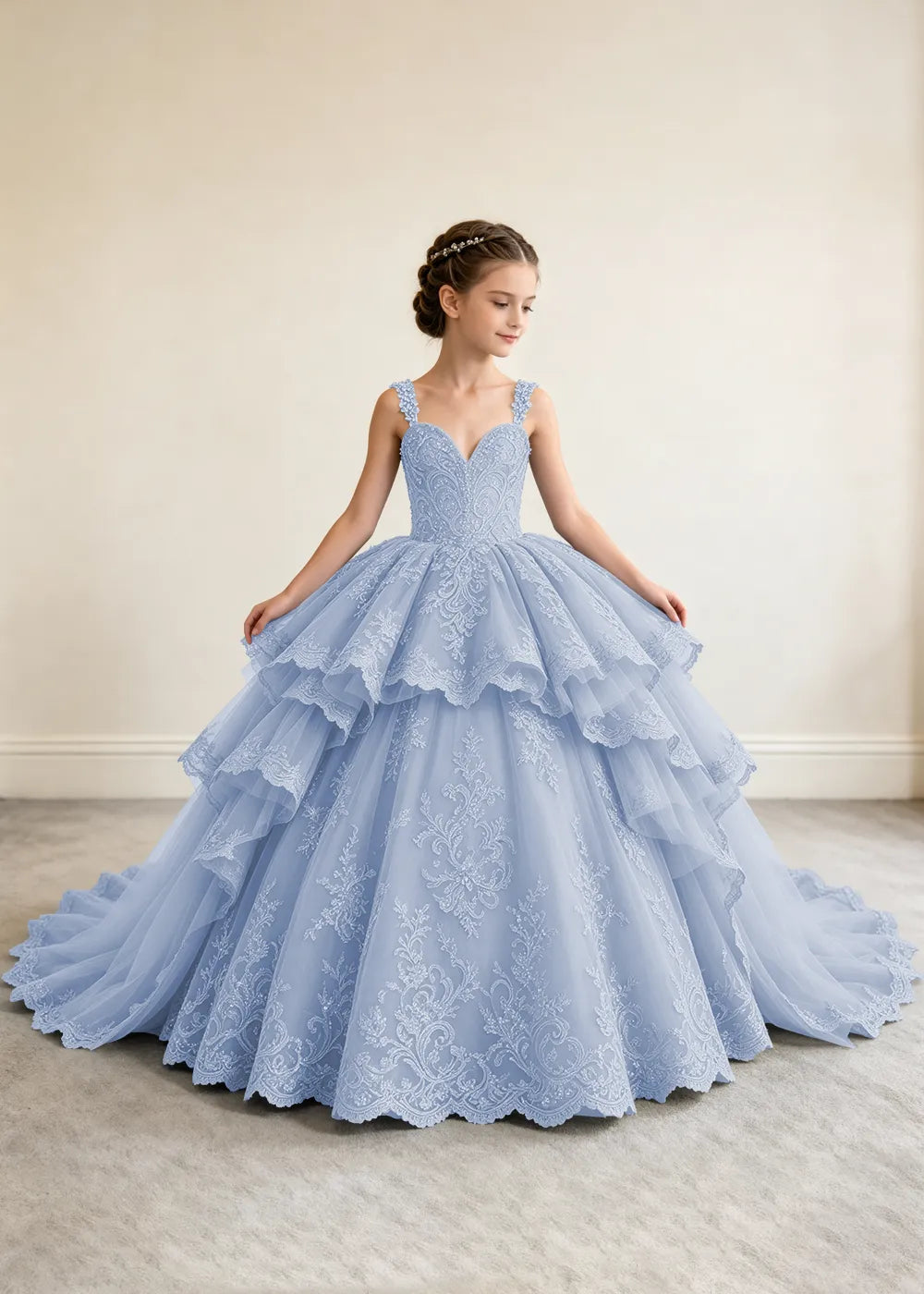 V-Neck Tiered Lace Princess Dress for Girls