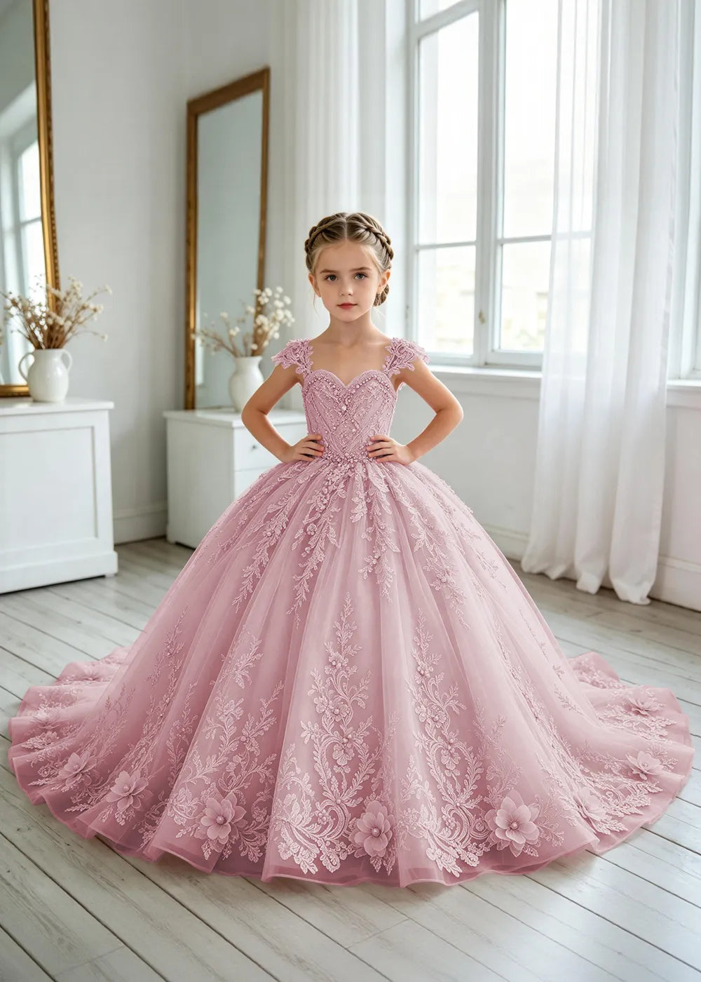 Floral V-Neck Lace Princess Dress for Girls
