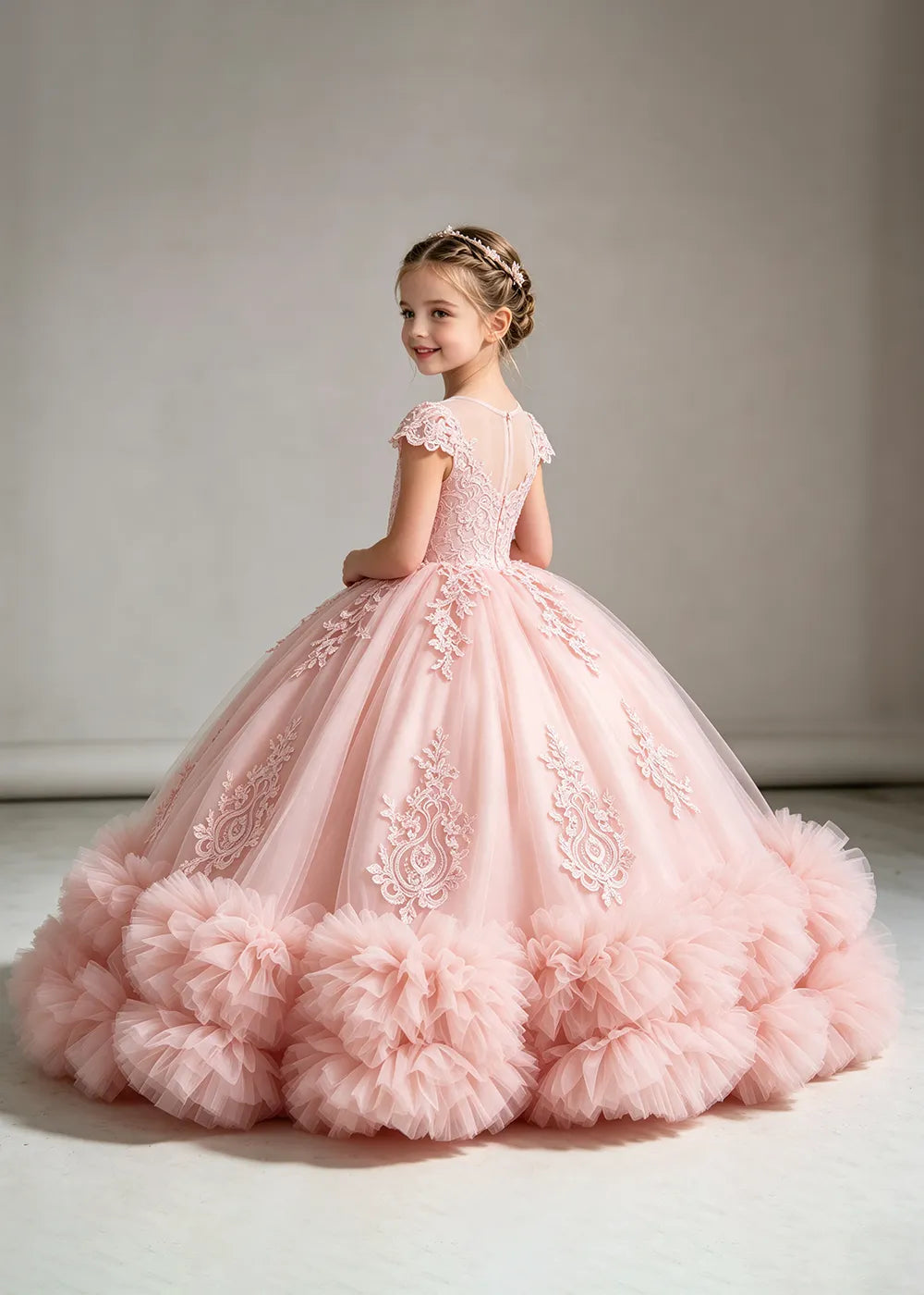 Pink Flower Girl Ball Gown with Floral Bodice and Ruffle Hem