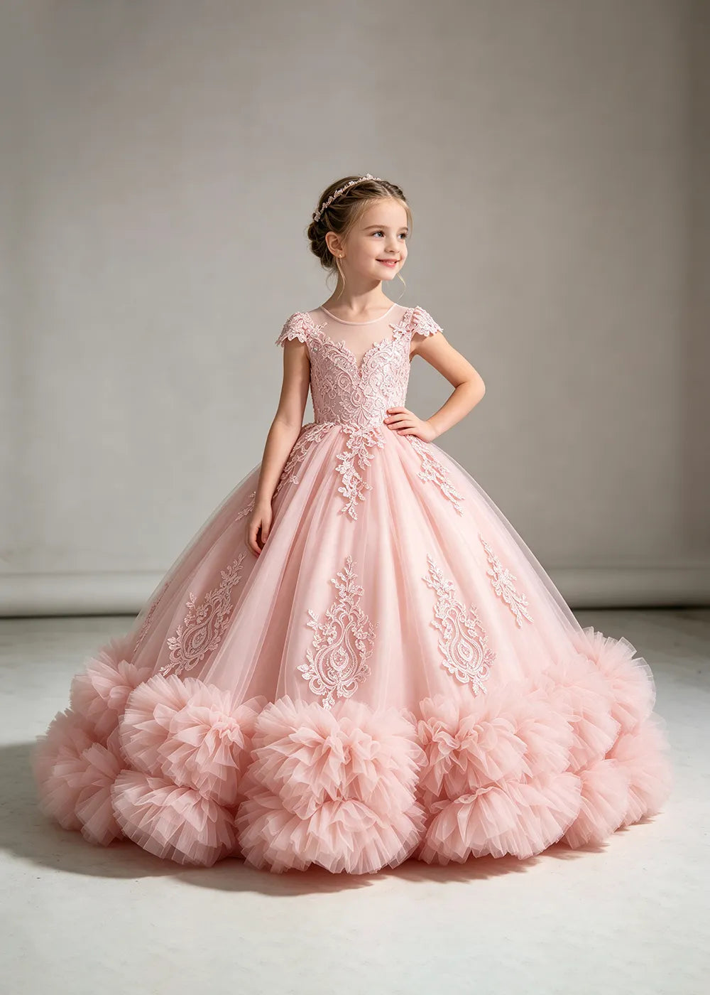 Pink Flower Girl Ball Gown with Floral Bodice and Ruffle Hem