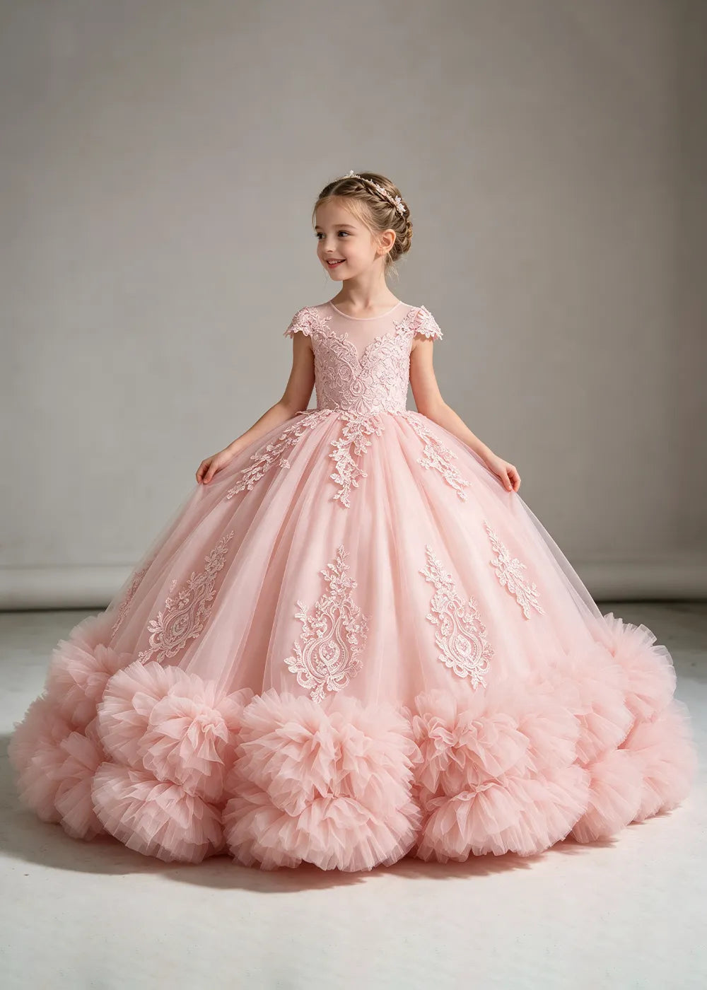 Pink Flower Girl Ball Gown with Floral Bodice and Ruffle Hem