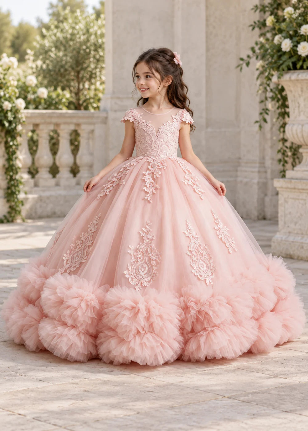Pink Flower Girl Ball Gown with Floral Bodice and Ruffle Hem