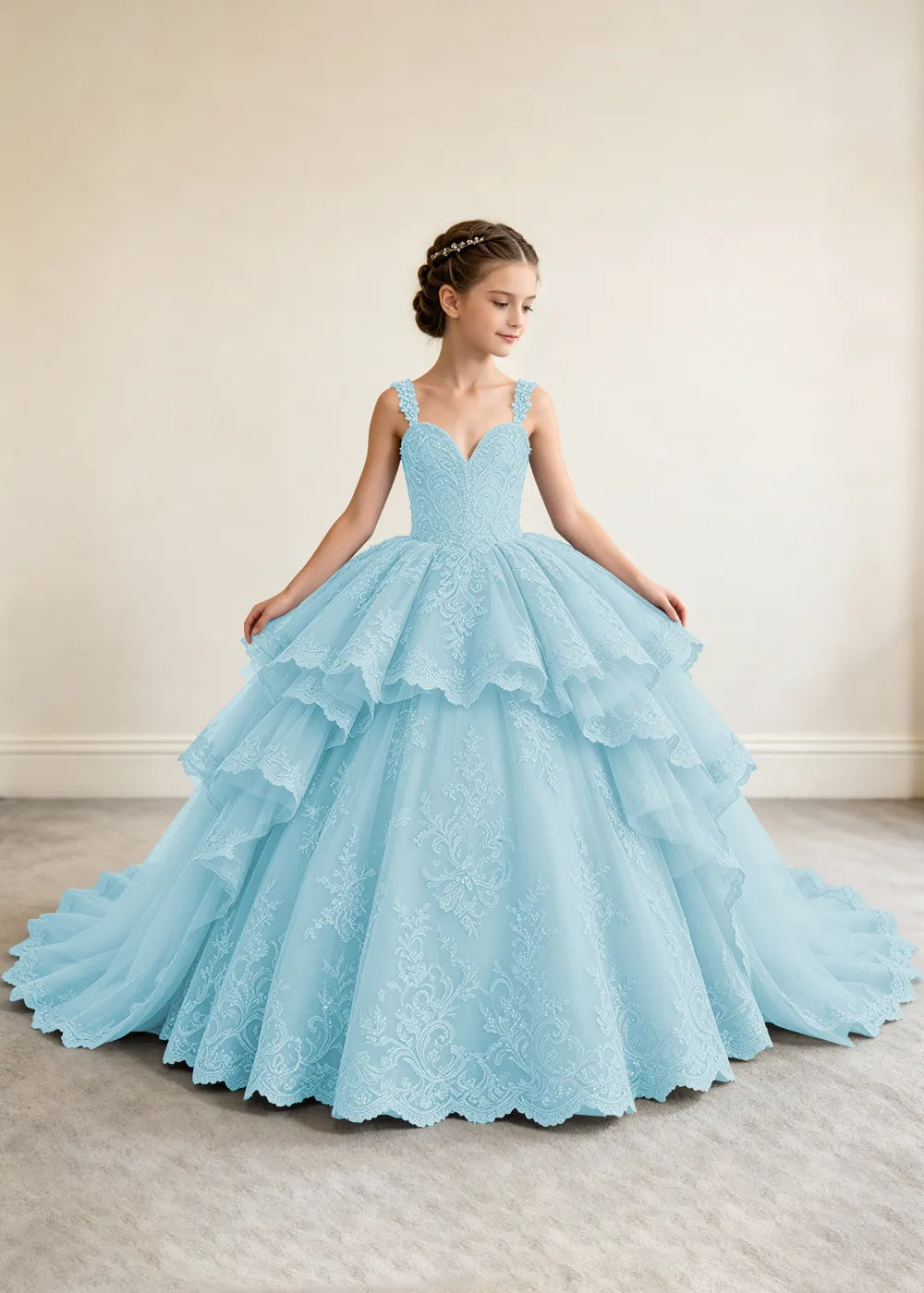 V-Neck Tiered Lace Princess Dress for Girls