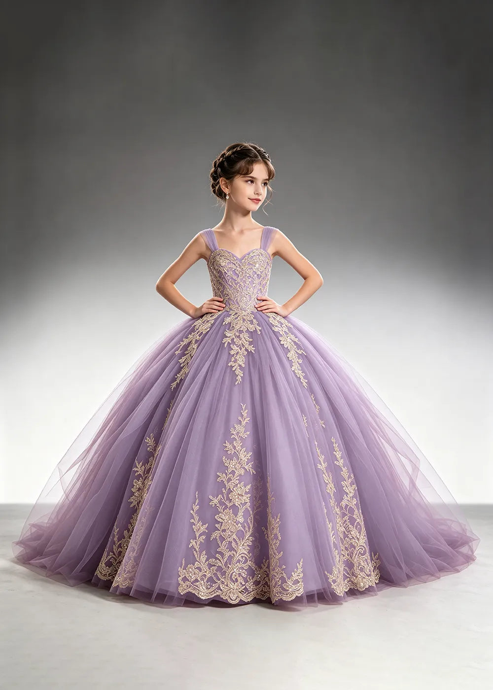 Metallic Appliqué Flower Girl Ball Gown Dress