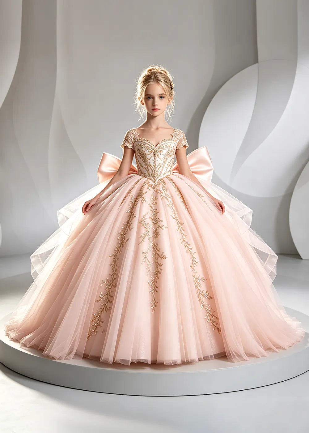 Cap Sleeve Sequin Bodice Flower Girl Dress with Bow and Gold Embroidery