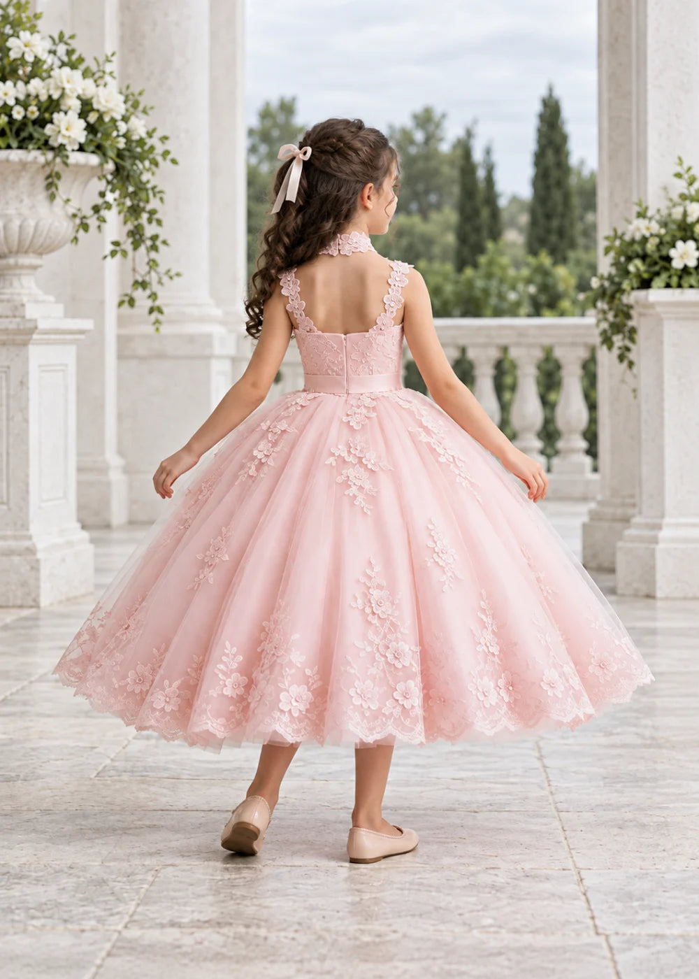 Pink Tea-Length Flower Girl Dress with Floral Neck Band