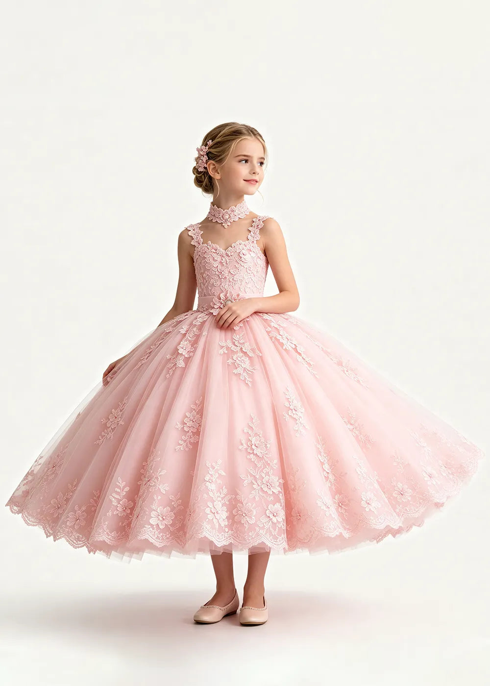 Pink Tea-Length Flower Girl Dress with Floral Neck Band