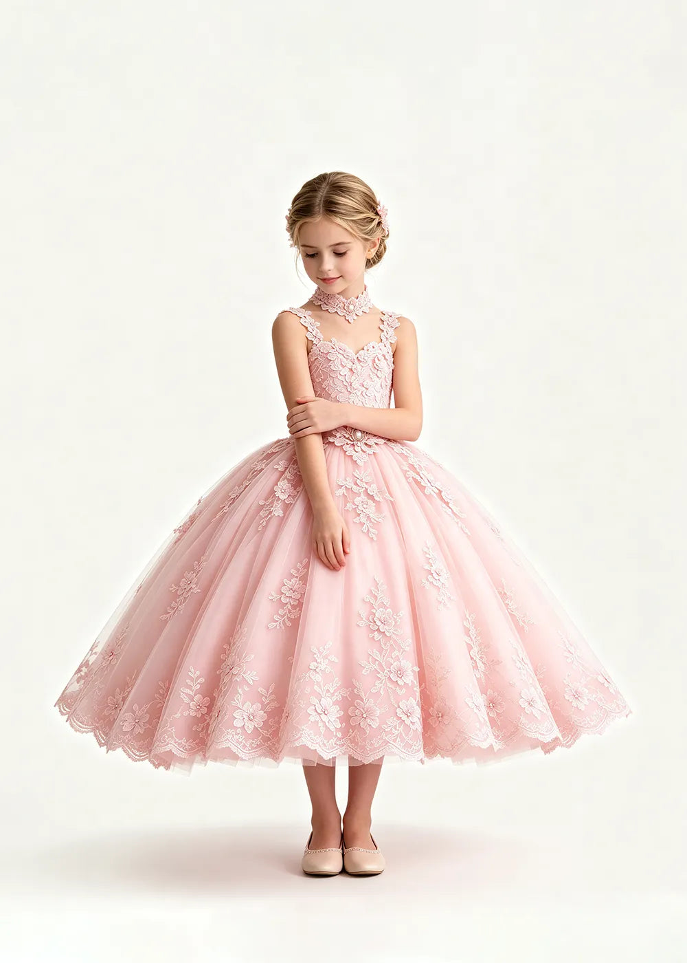Pink Tea-Length Flower Girl Dress with Floral Neck Band
