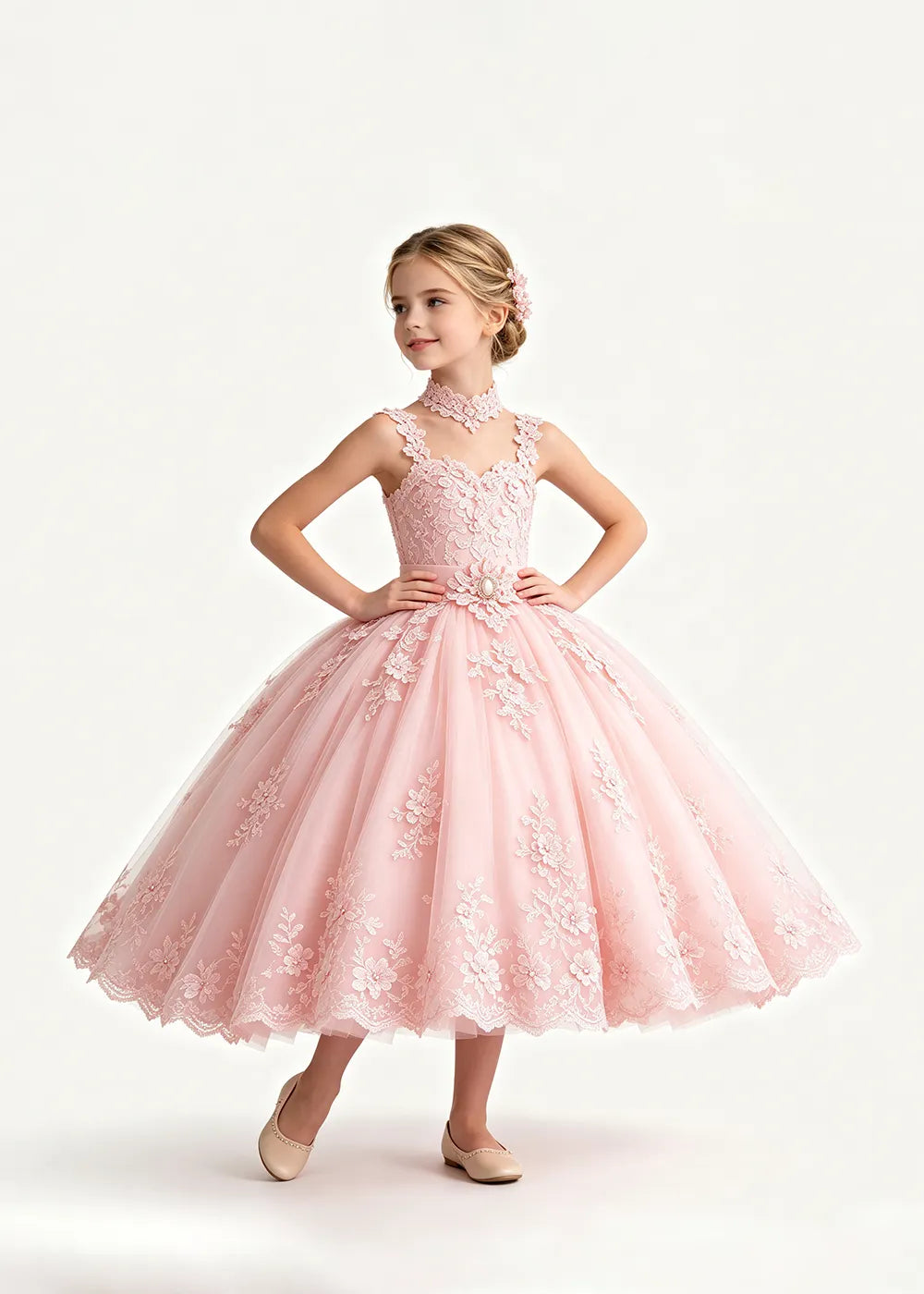 Pink Tea-Length Flower Girl Dress with Floral Neck Band