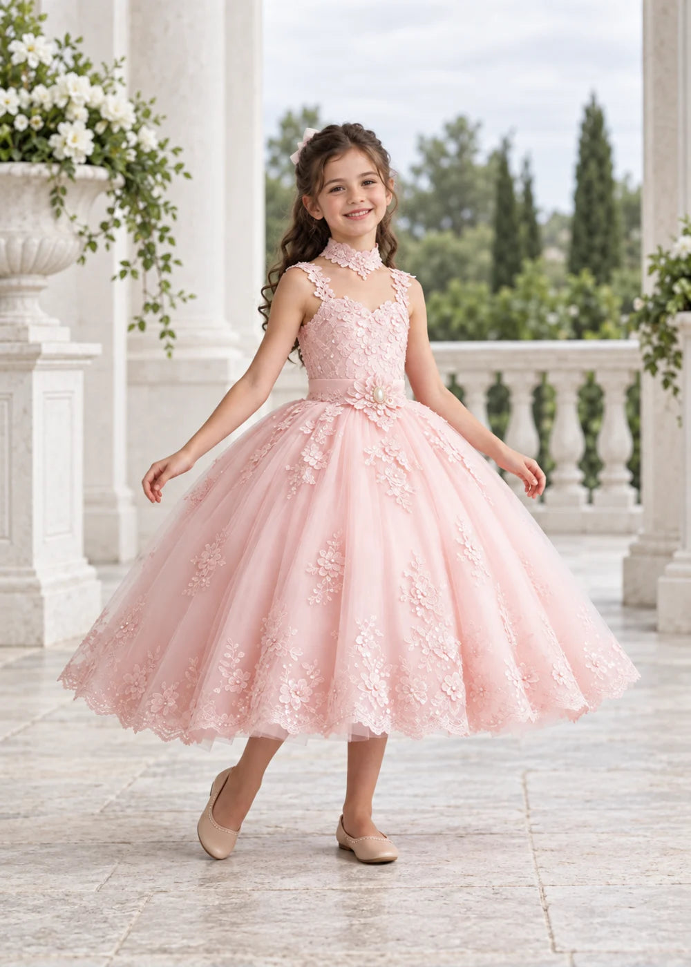 Pink Tea-Length Flower Girl Dress with Floral Neck Band
