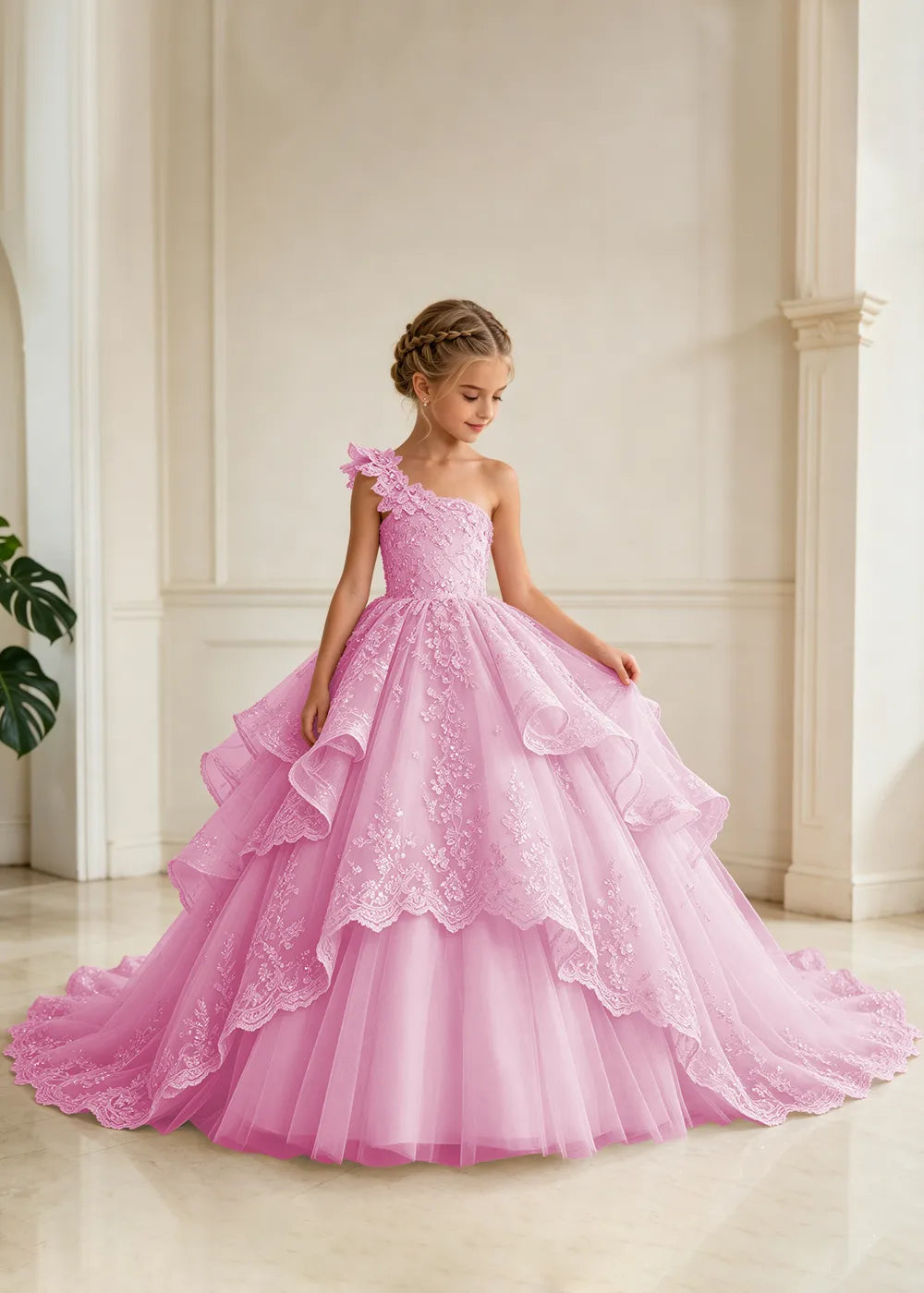 Floral Strap Tiered Lace Princess Dress for Girls