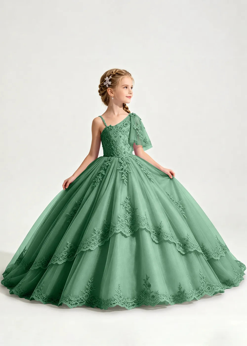 One-Shoulder Floral Lace Flower Girl Ball Gown Dress