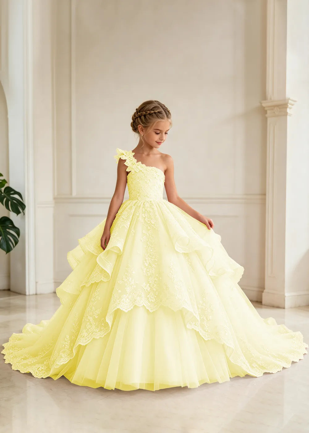 Floral Strap Tiered Lace Flower Girl Ball Gown Dress