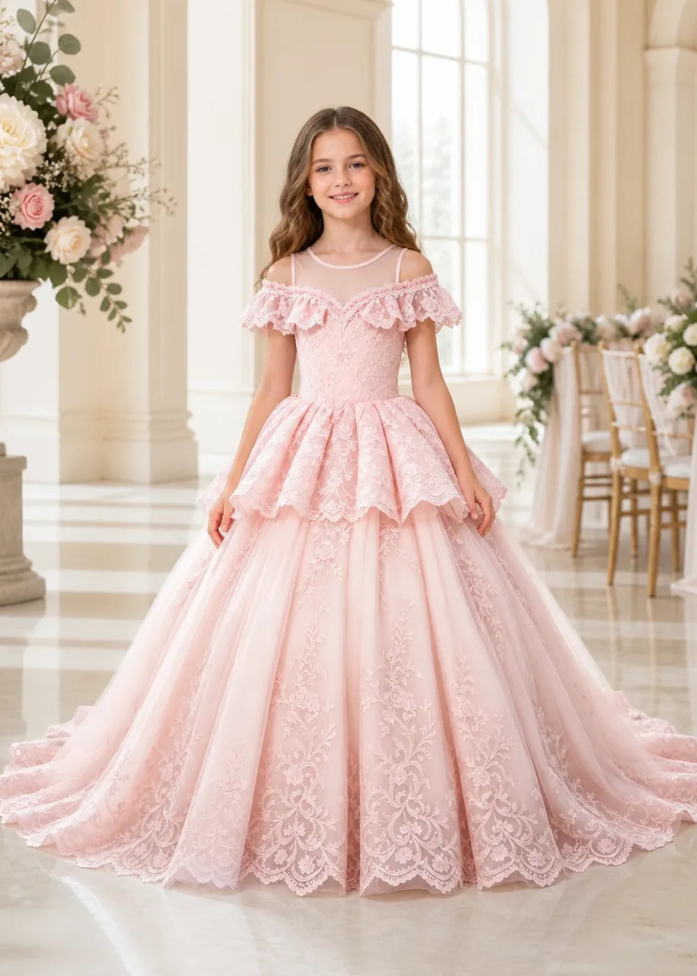 Illusion Neck Tiered Lace Flower Girl Ball Gown Dress