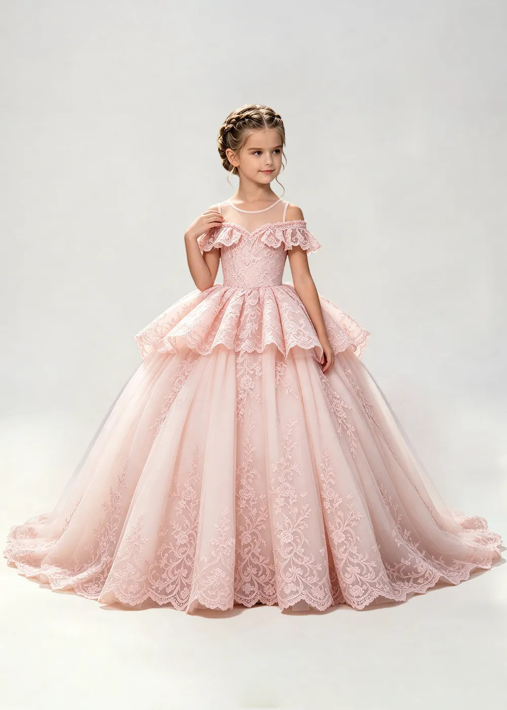 Illusion Neck Tiered Lace Flower Girl Ball Gown Dress