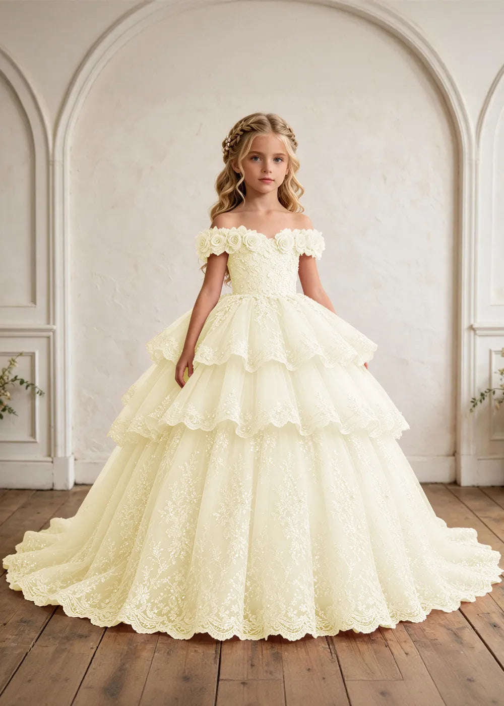 Off Shoulder Tiered Lace Flower Girl Ball Gown Dress