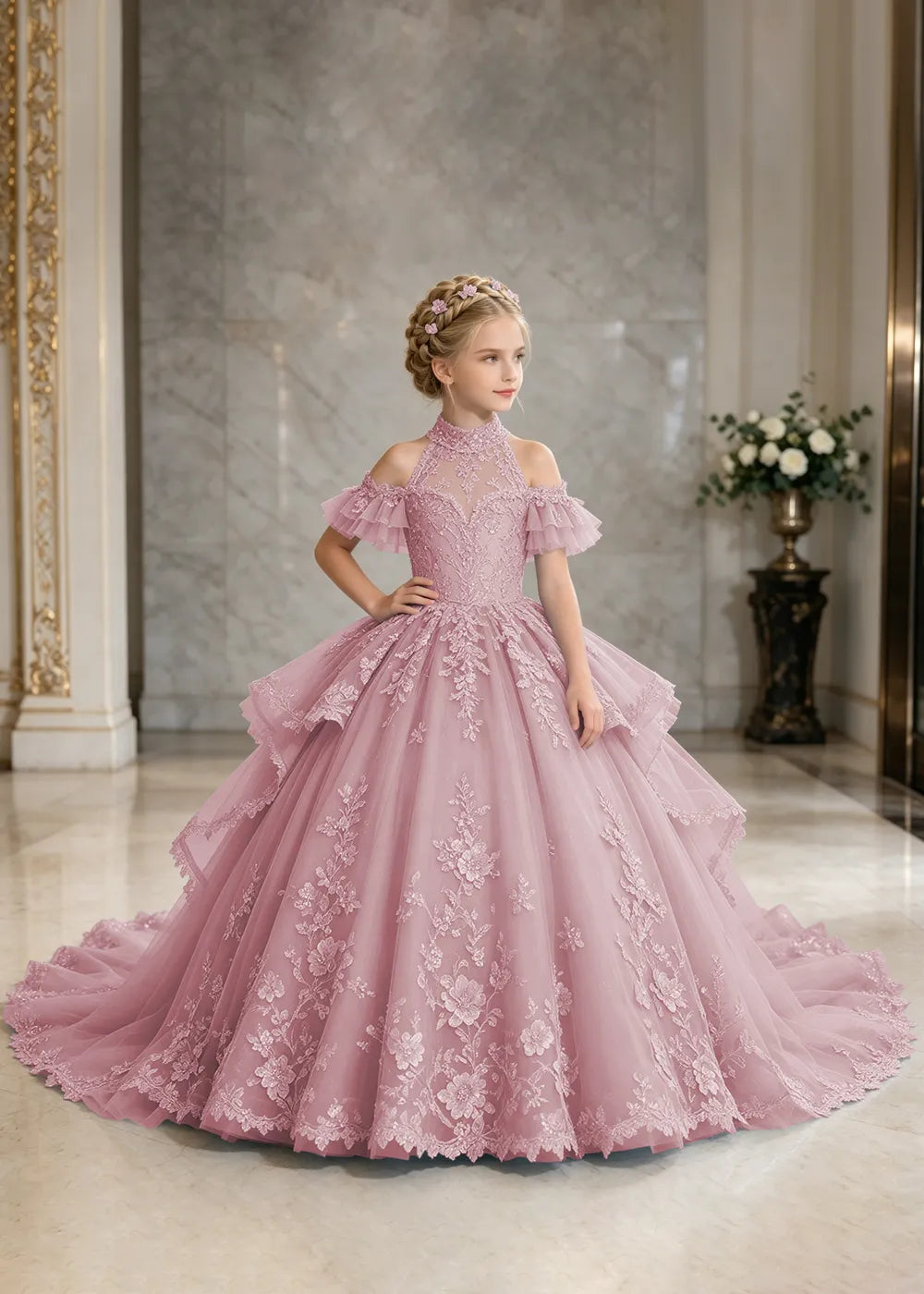 Illusion Neck Peplum Lace Flower Girl Ball Gown Dress