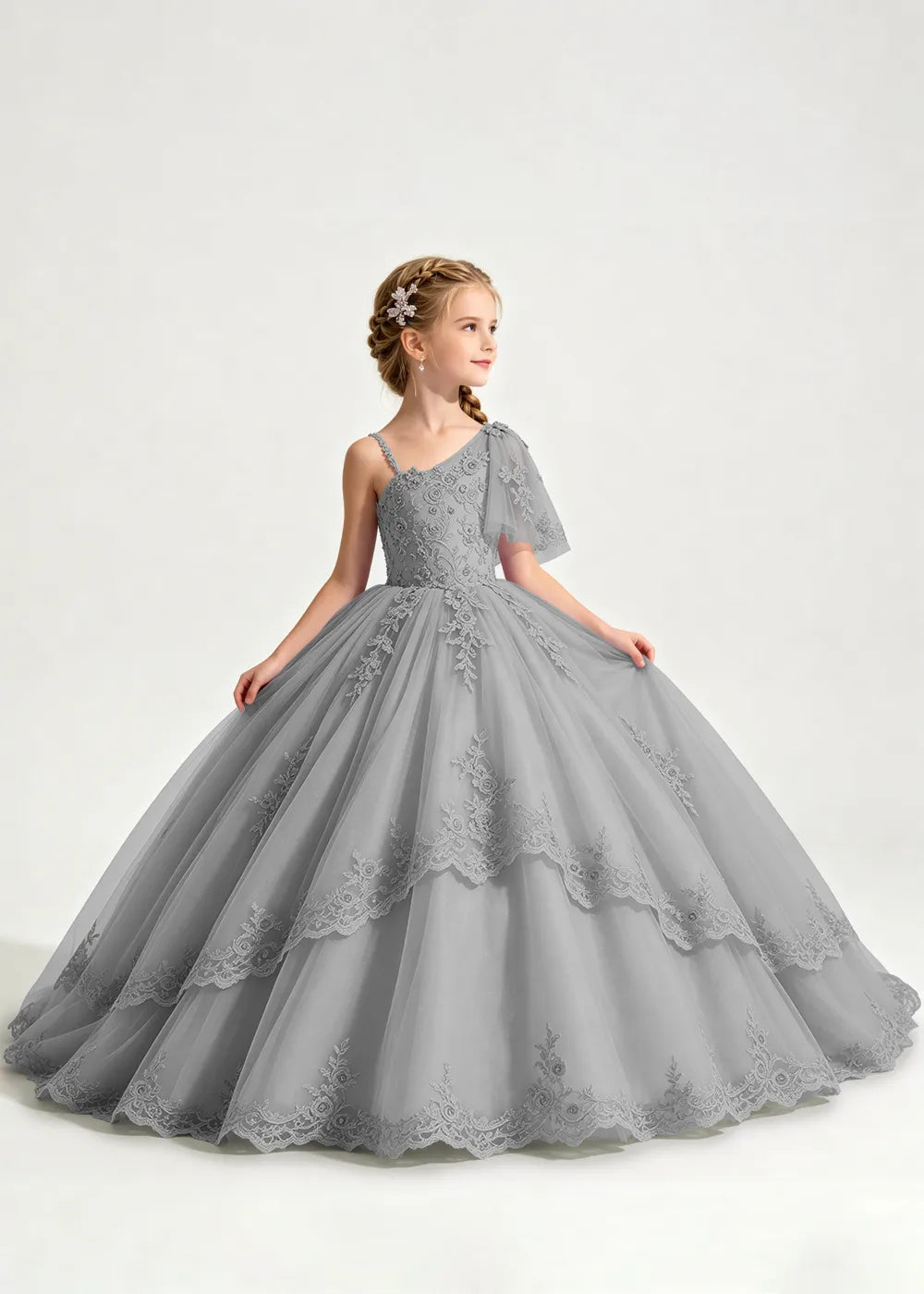 One-Shoulder Floral Lace Princess Dress for Girls