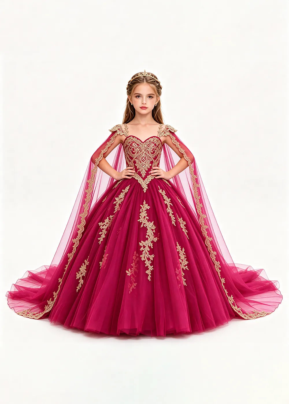 Gold Appliqué Cape Princess Dress for Girls