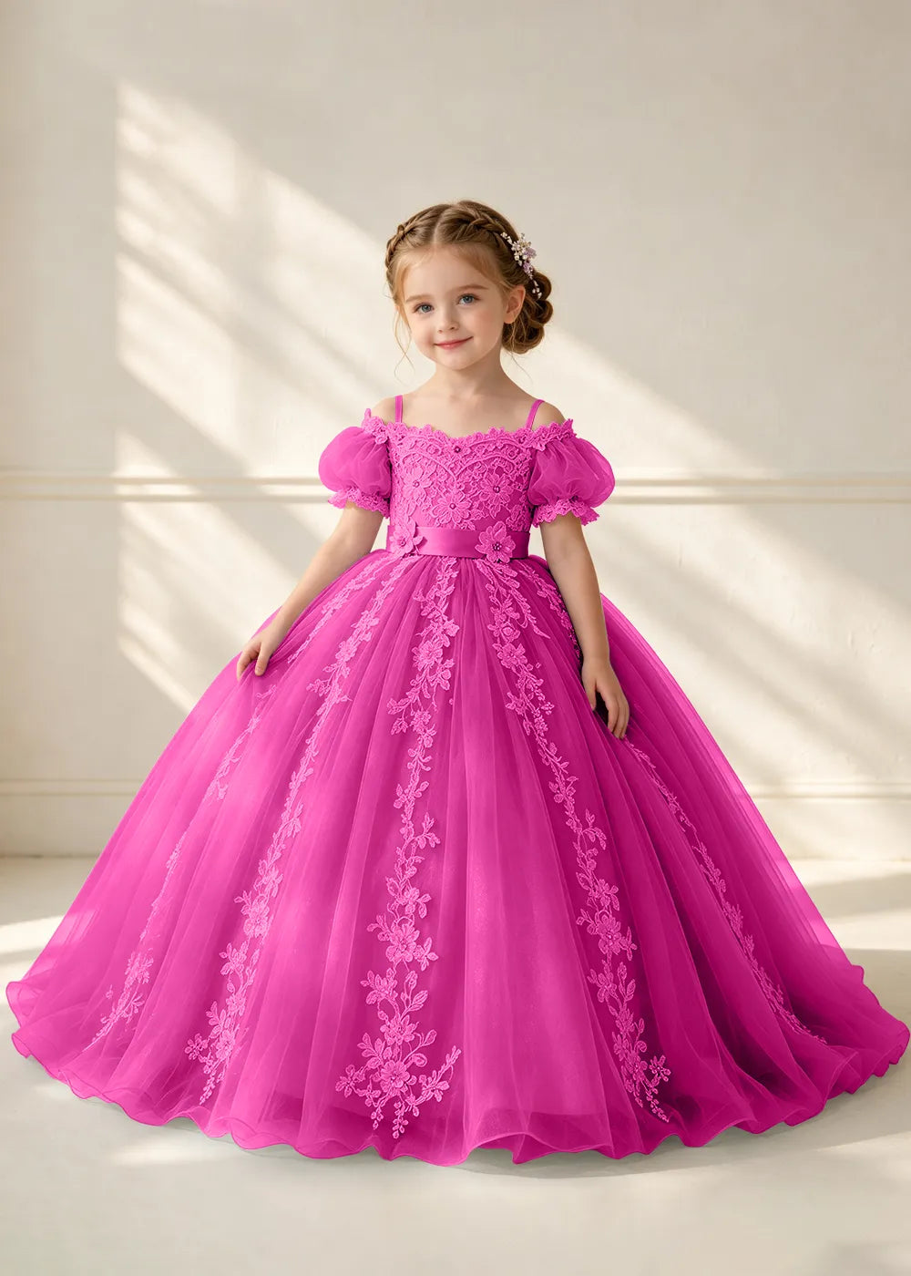 Puff Sleeve Floral Lace Flower Girl Ball Gown Dress