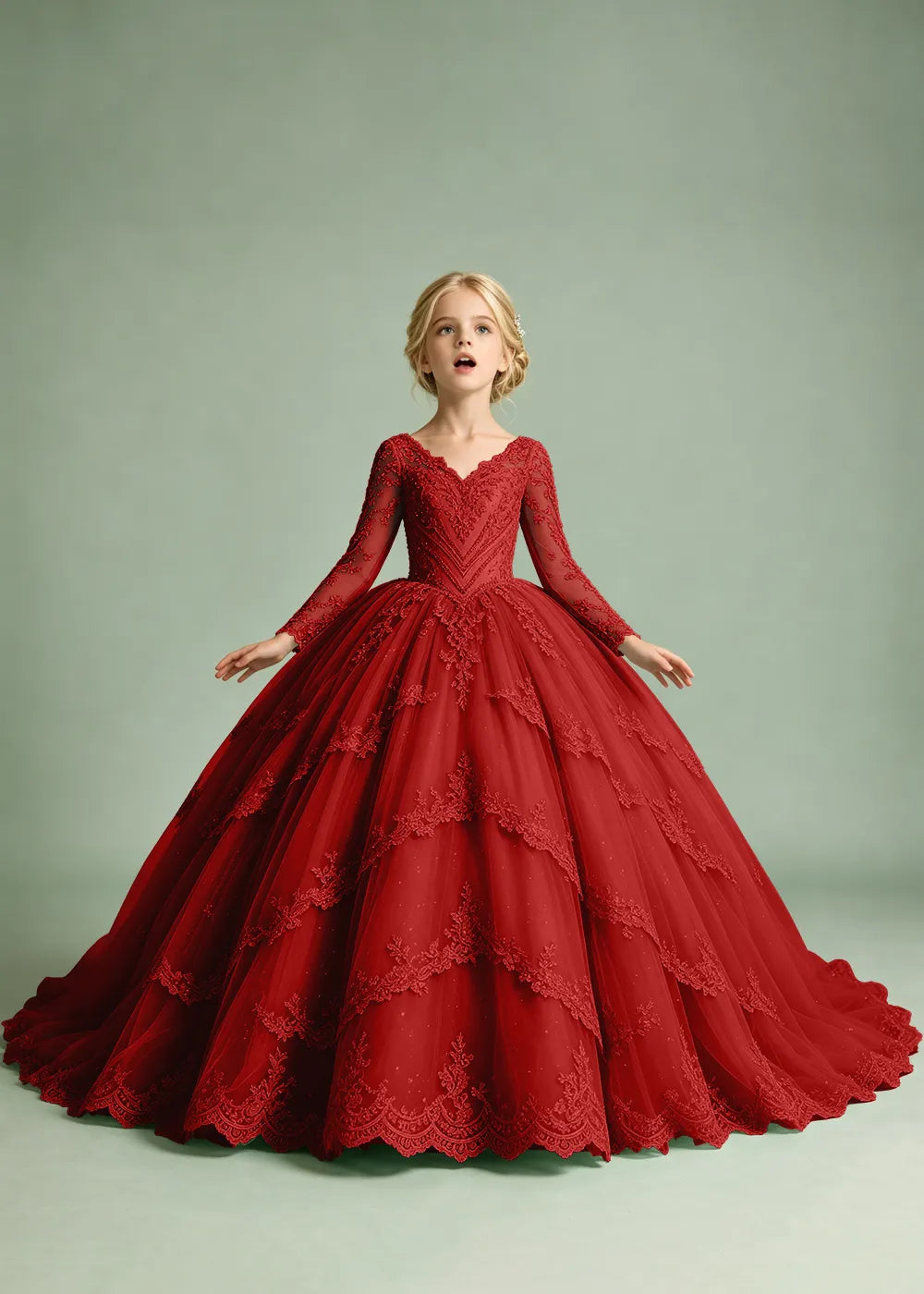 Long Sleeve Floral Lace Princess Dress for Girls