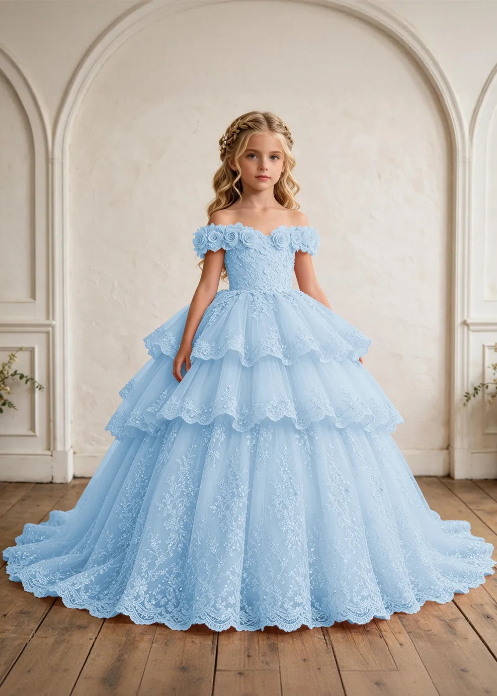 Off Shoulder Tiered Lace Flower Girl Ball Gown Dress