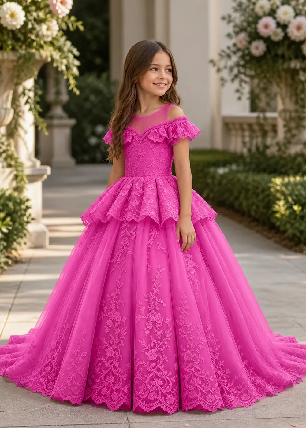 Illusion Neck Tiered Lace Princess Dress for Girls